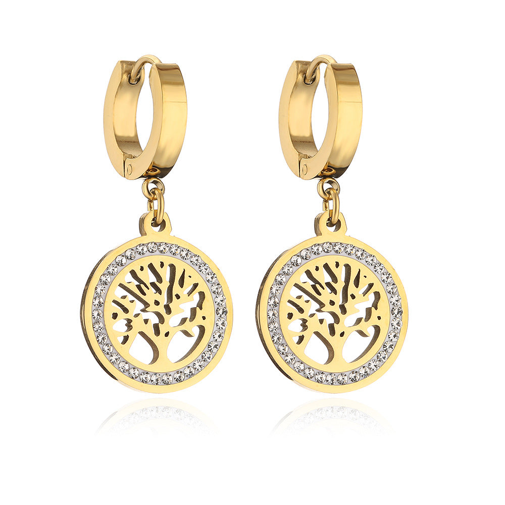 Minimalist Geometric Titanium Steel Earrings for Women with Rhinestone Tree Inlay and Plated Finish