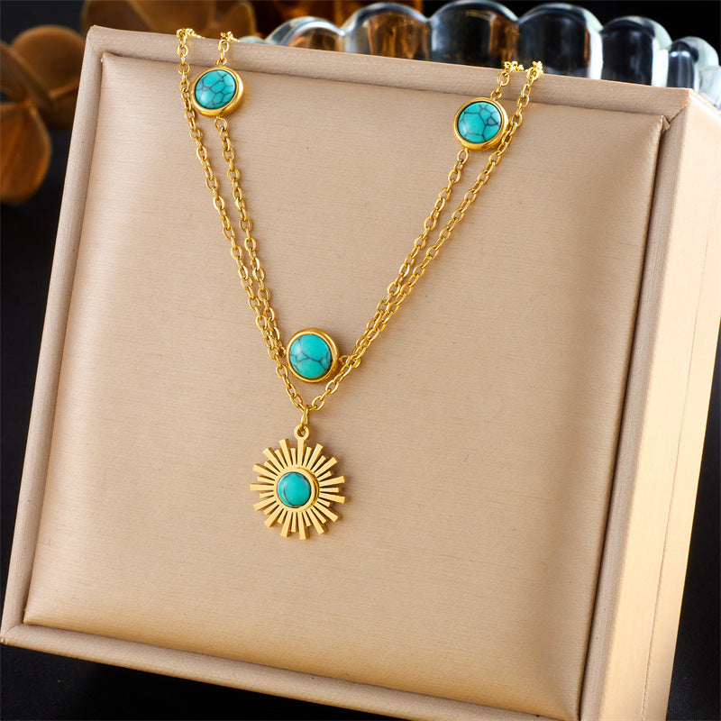 Vintage Fashion Sun Pendant Necklace with Turquoise Inlay Stainless Steel Double Layer Box Chain