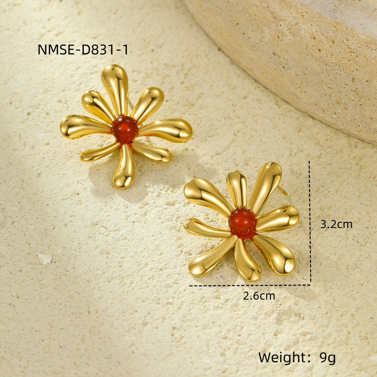 Pendientes Vintage de Acero Inoxidable con Forma de Girasol, Chapado en Oro de 18K e Incrustaciones de Piedras Naturales para Mujer