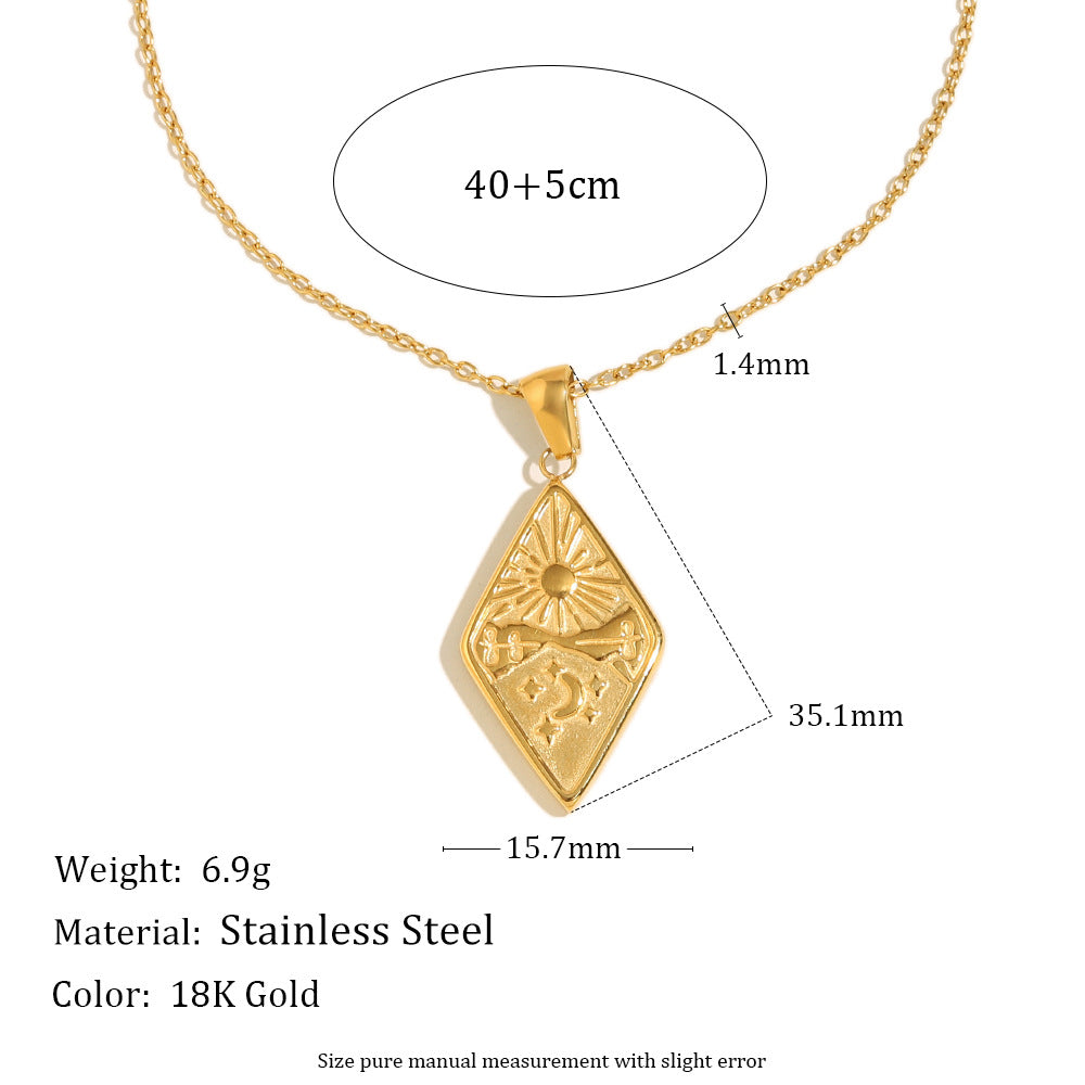 Collana con Pendente a Forma di Sole e Luna Geometrico Retrò a Diamante da Donna in Acciaio Inossidabile con Placcatura in Oro 18K