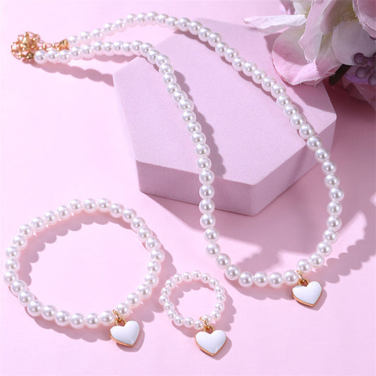Children's Heart-Shaped Alloy Pendant Necklace Set with Freshwater Pearl Chain for Girls Aged 6 and Up