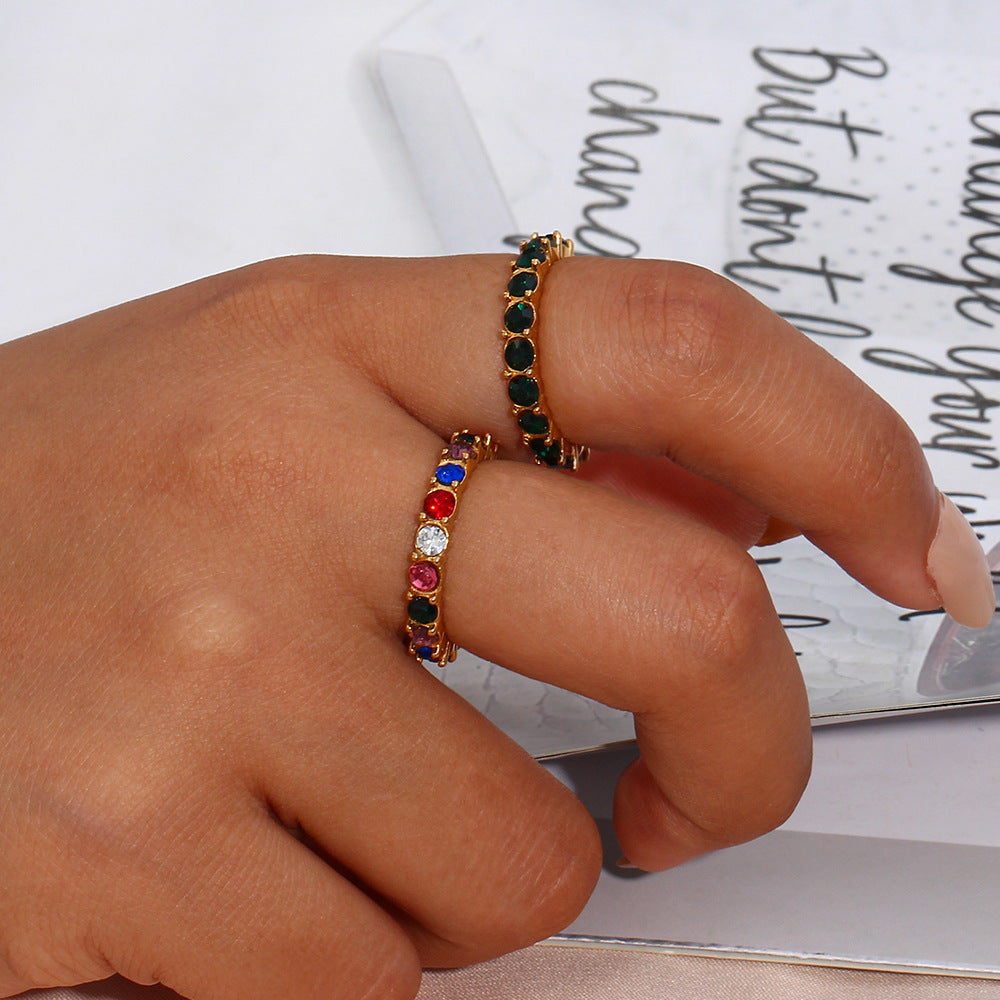 Minimalist Geometric Stainless Steel Ring for Women with 18K Gold Plating and Micro-Paved Colored Zirconia