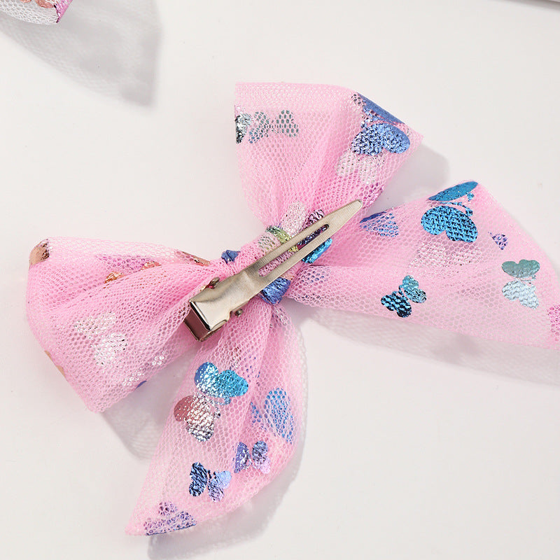 Cartoon Bowknot Hair Clip Set for Kids with Sequins and Tulle Butterfly Design Duckbill Clips