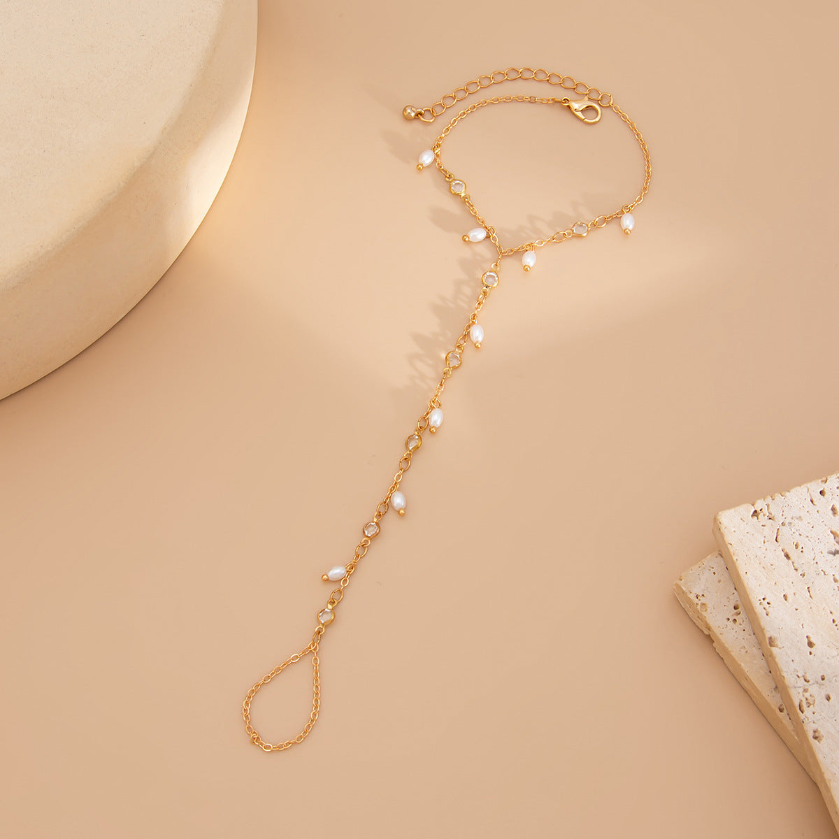 Streetwear Round Alloy Plated Imitation Pearl Tassel Open Cuff Hand Chain Bracelet