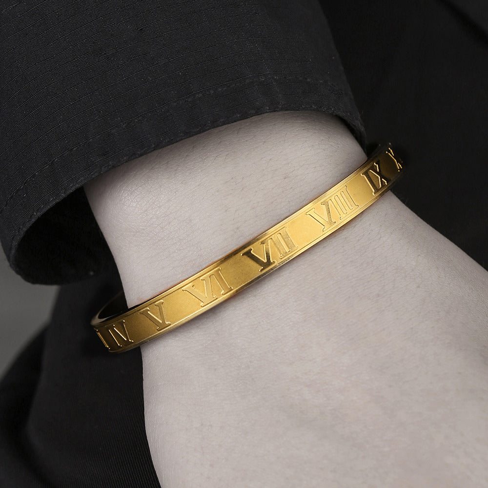Punk Geometric C-Shape Open Roman Numeral Plated Stainless Steel Bracelet for Unisex