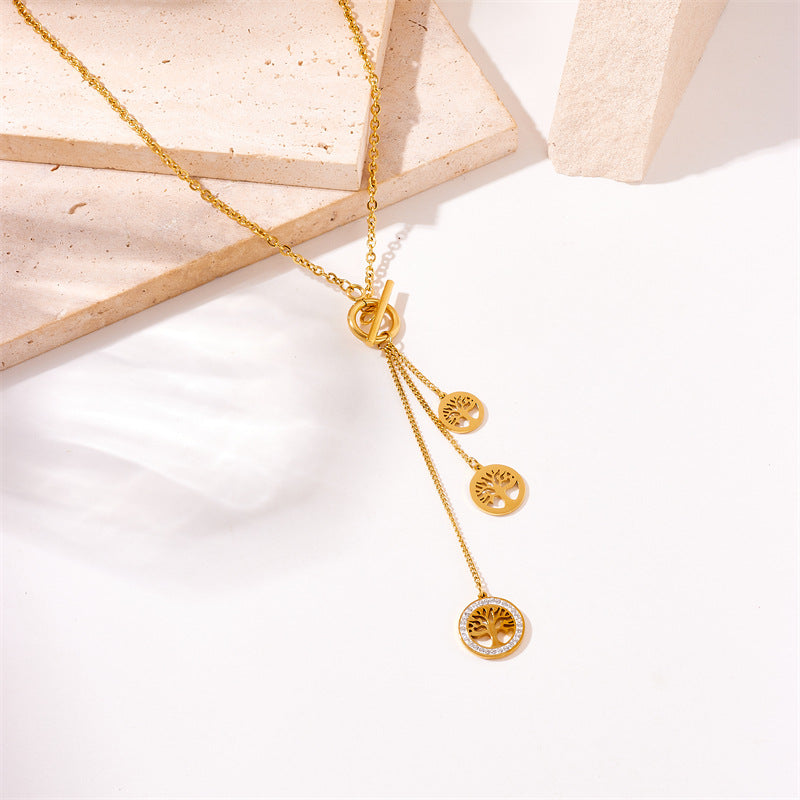 Collar con Colgante de Árbol de la Vida con Borla Estilo Vintage en Acero Titanio con Baño de Oro