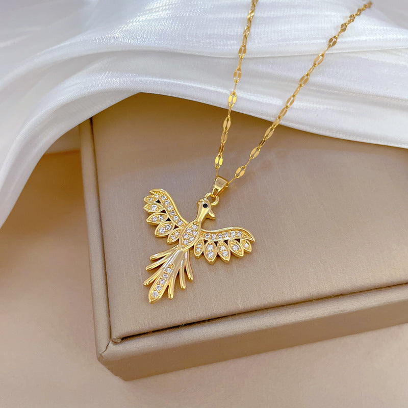 Collana da donna con ciondolo a fenice di lusso con strass, catena in acciaio al titanio, elegante collana clavicola dal design geometrico
