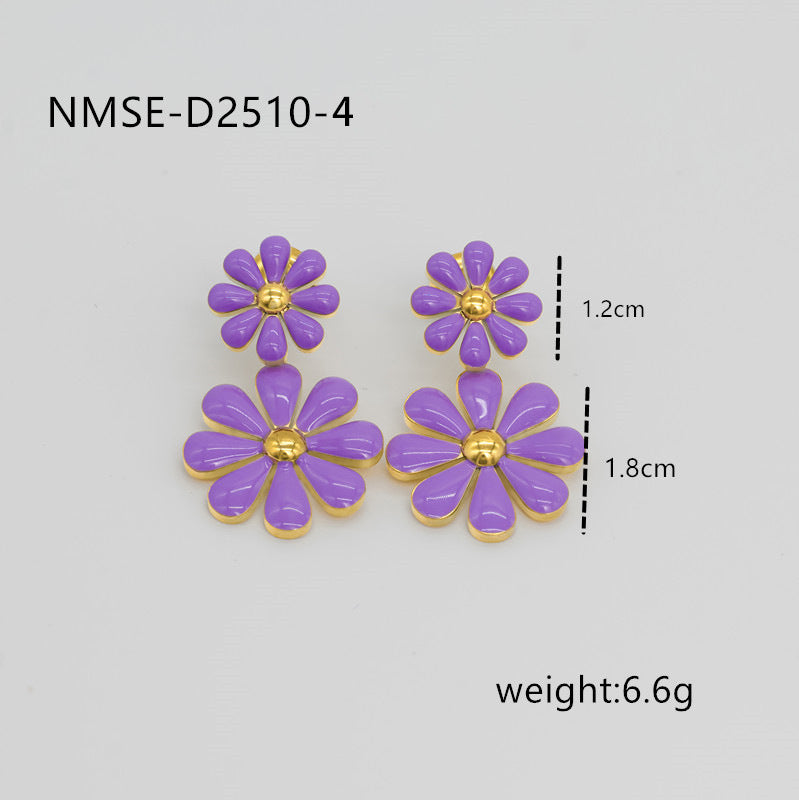 Pendientes de Acero de Titanio Esmaltados de Margarita Dulce Fresca para Mujer con Acabado de Acero Inoxidable Pulido