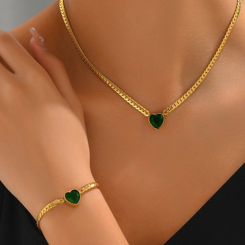 Set di collana e bracciale minimalisti a forma di cuore in rame con intarsio di strass per donna