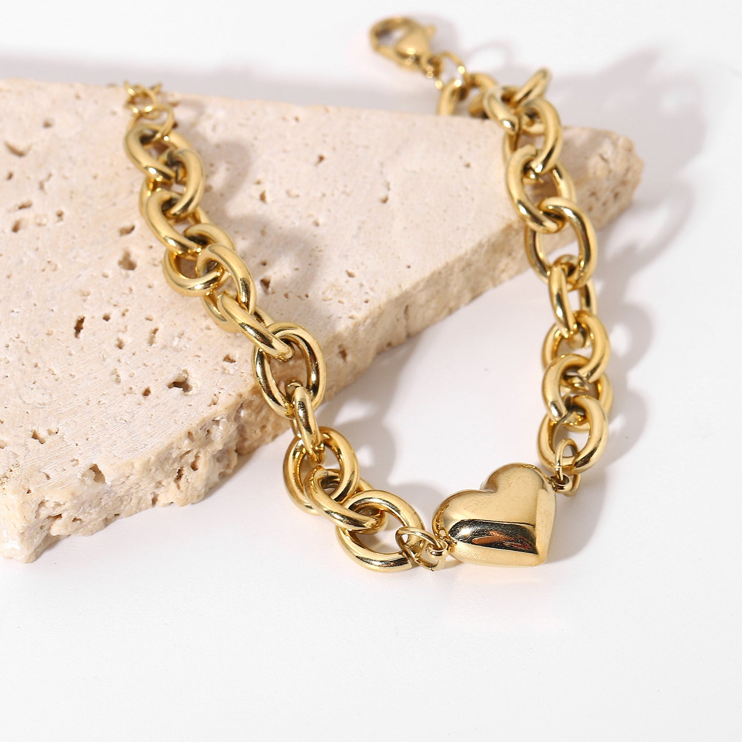 INS Style Geometric Heart Pendant Bracelet in Stainless Steel with 14K Gold Plating for Women