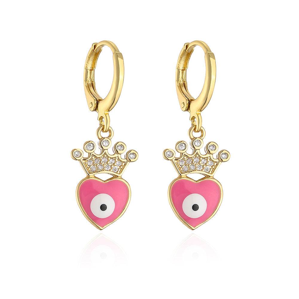 Elegant French-Style Geometric Eye and Heart Earrings for Women in Copper with Gold Plating and Enamel Finish