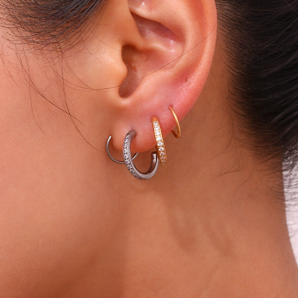 Orecchini a clip geometrici in acciaio inossidabile alla moda con placcatura in oro 18 carati e strass incastonati CNC per donna