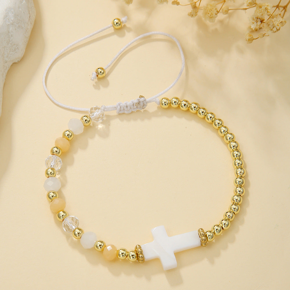 Bracciale regolabile stile bohémien con conchiglia e ciondoli a croce, perline di cristallo e vetro, design fatto a mano per donne