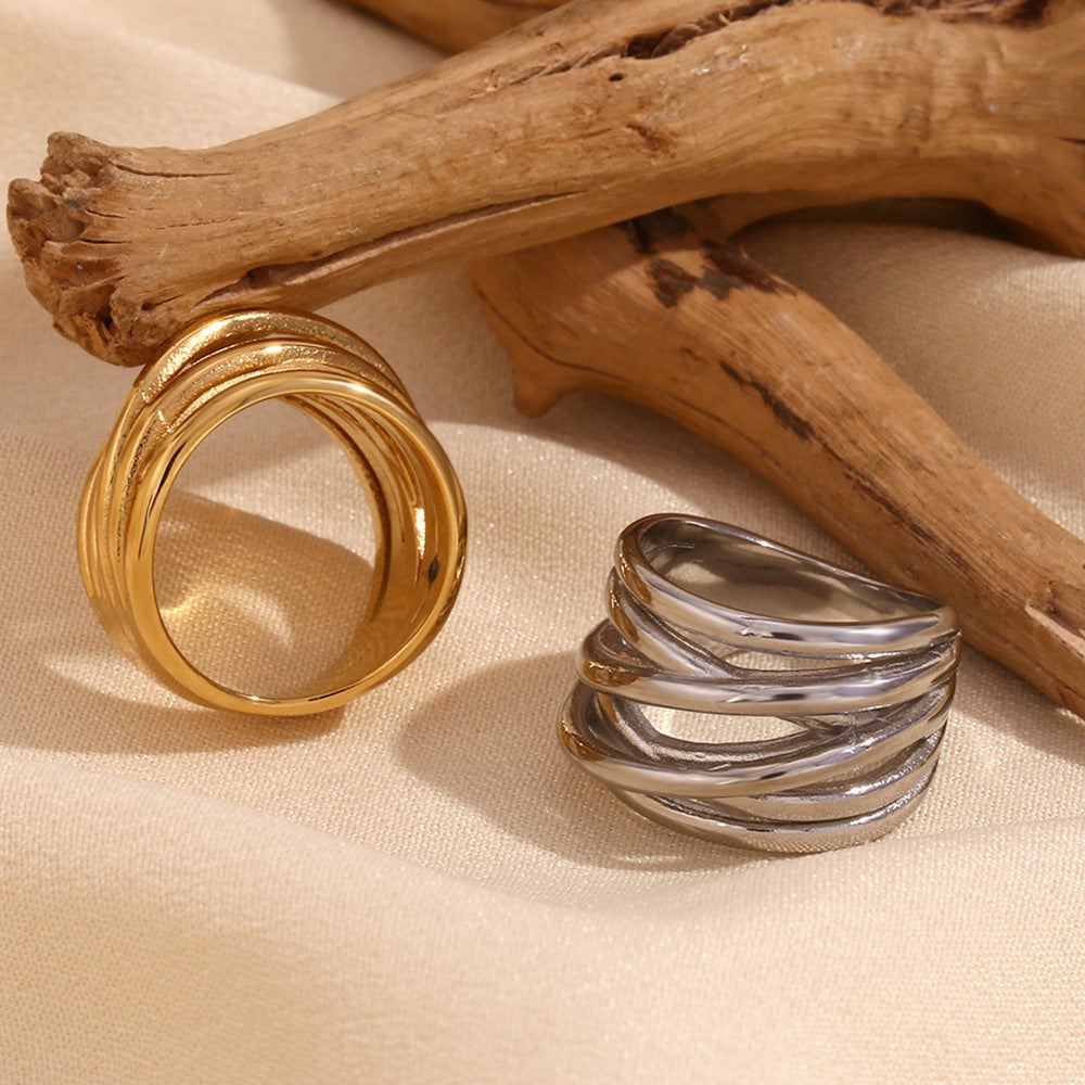 Vintage Geometric Stainless Steel Ring with 18K Gold Plating Irregular Woven Wraparound Band for Women