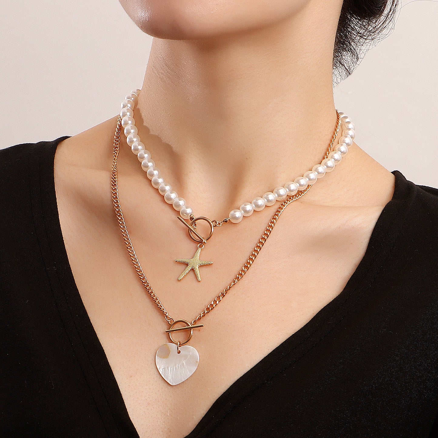 Y2K Style Double-Layer Starfish and Heart Abalone Pendant Necklace for Women with Alloy Construction and Electroplated Finish