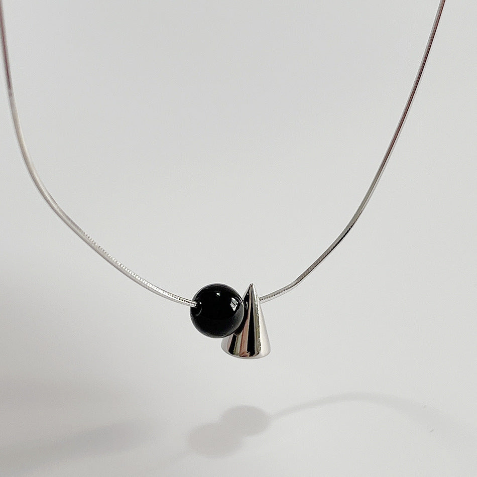 925 Sterling Silver Geometric Pendant Necklace with Black Onyx Inlay Minimalist Fashion Commuter Jewelry