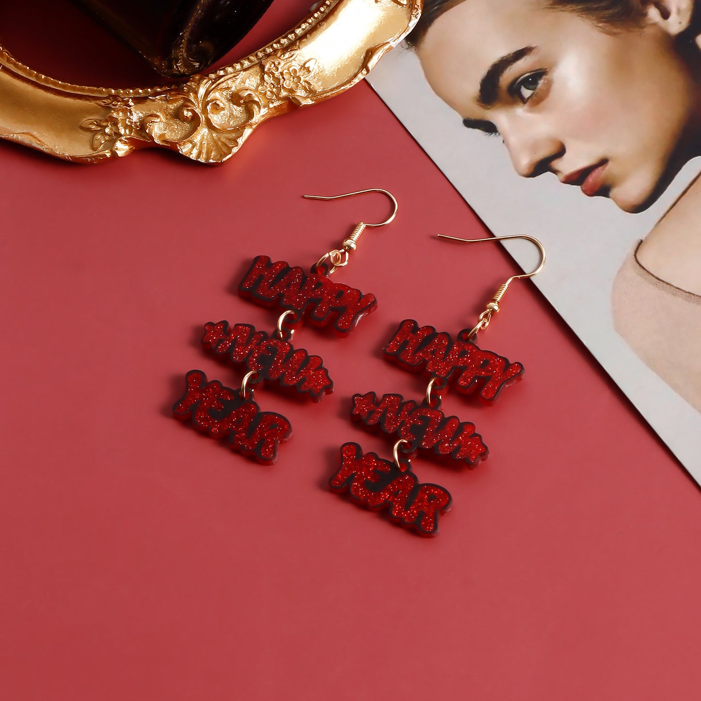 Orecchini a lettera acrilici geometrici alla moda "Happy New Year" per donna con finitura placcata