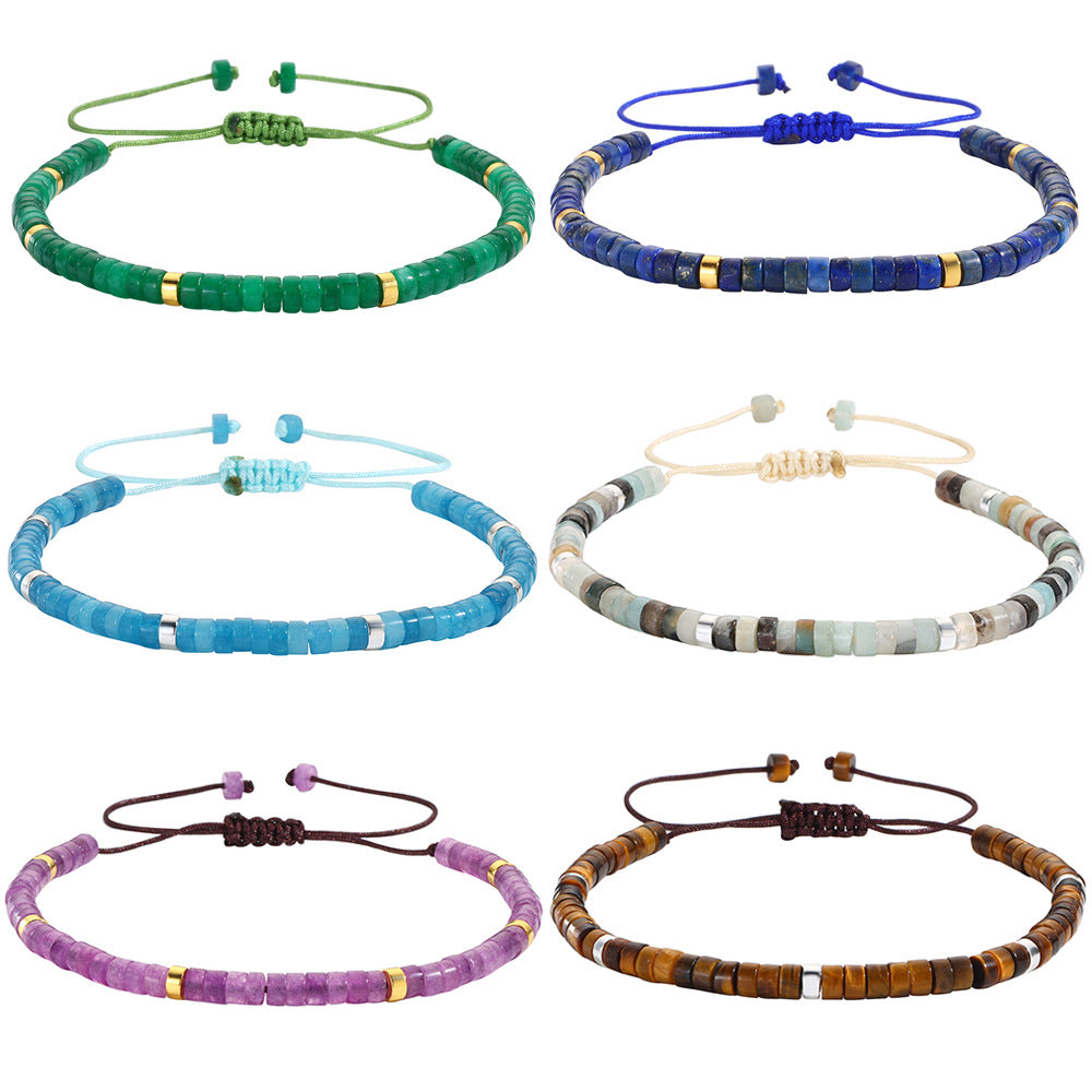 Minimalist Round Tiger's Eye Amethyst Imperial Stone Handmade Woven Bracelet Unisex Adjustable Friendship Jewelry
