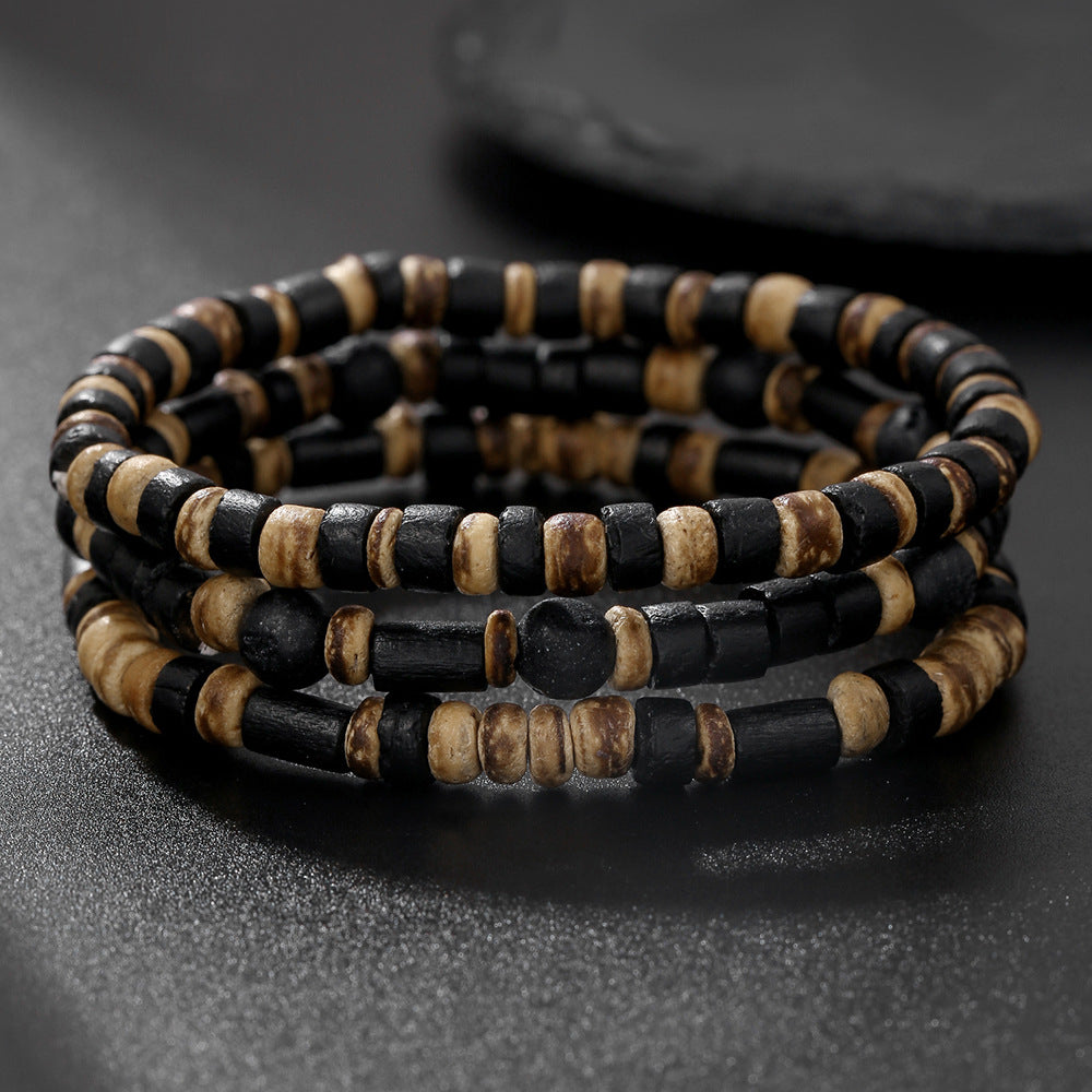 Vintage Bohemian Round Wood Beaded Stretch Bracelet