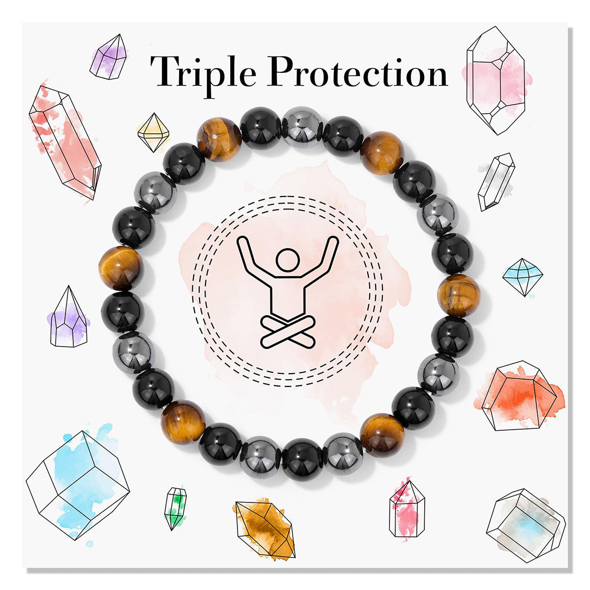Geometric Triple Protection Natural Stone Bracelet with White Jade, Tiger Eye, Turquoise, Crystal and Lapis Lazuli