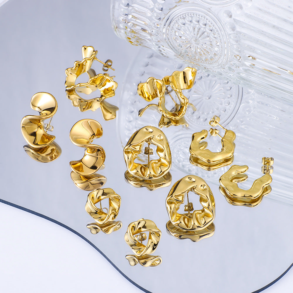 Irregular Geometric Stainless Steel Stud Earrings with Vacuum Gold Plating Minimalist Cold-Tone Design for Women