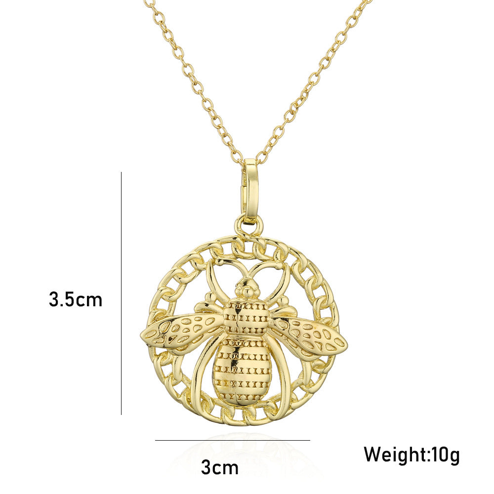 Vintage Bohemian Geometric Bee Gold Plated Brass Necklace with Cubic Zirconia Inlay Cable Chain