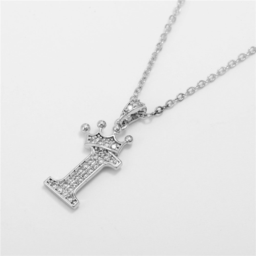 Minimalist White Gold Plated Crown Letter Pendant Necklace with Micro-Pave Cubic Zirconia for Women