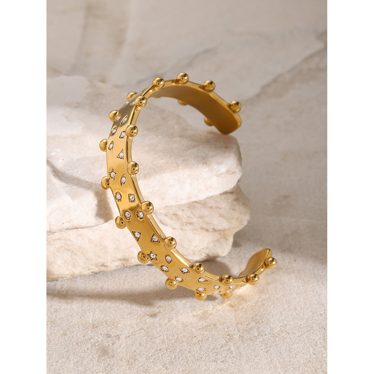 Ins Style 18K Gold Plated Stainless Steel C-Shape Bracelet Ring with Triangle Circle Star Rhinestone and Steel Bead Edge
