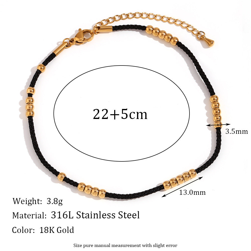 Minimalist Geometric Stainless Steel Anklet with 18K Gold Plating and Black Cord Accented with 25 Steel Beads