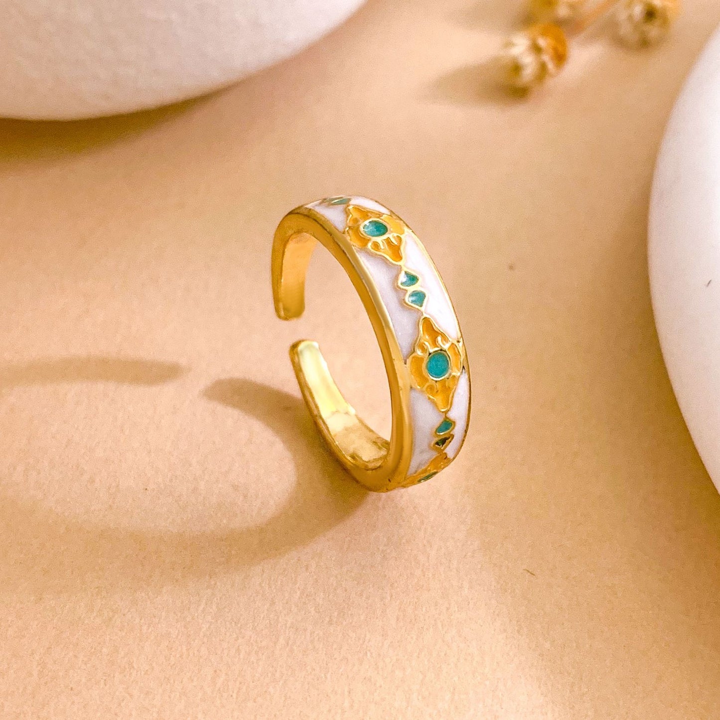 Vintage Sweet Geometric Polka Dot Gold Plated Brass Adjustable Ring for Women