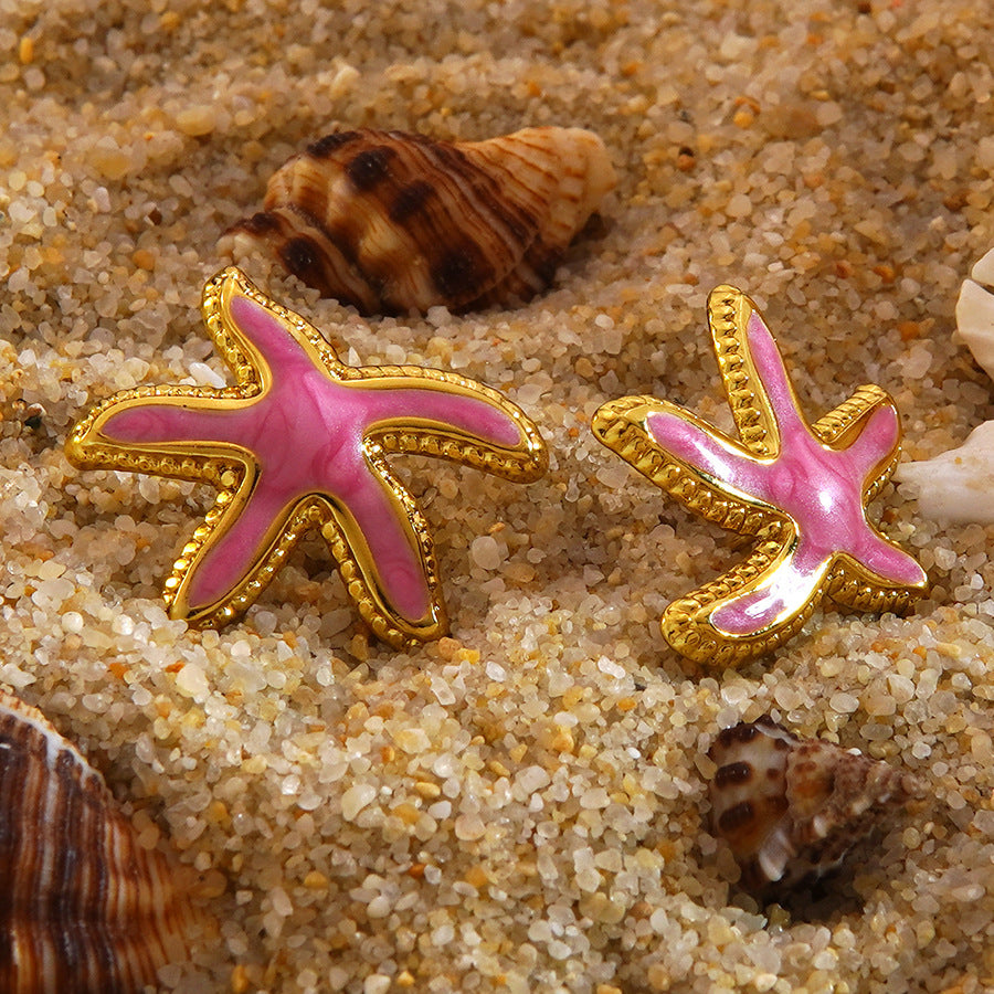 Minimalist Stainless Steel Drip Oil Plated Starfish Earrings for Women