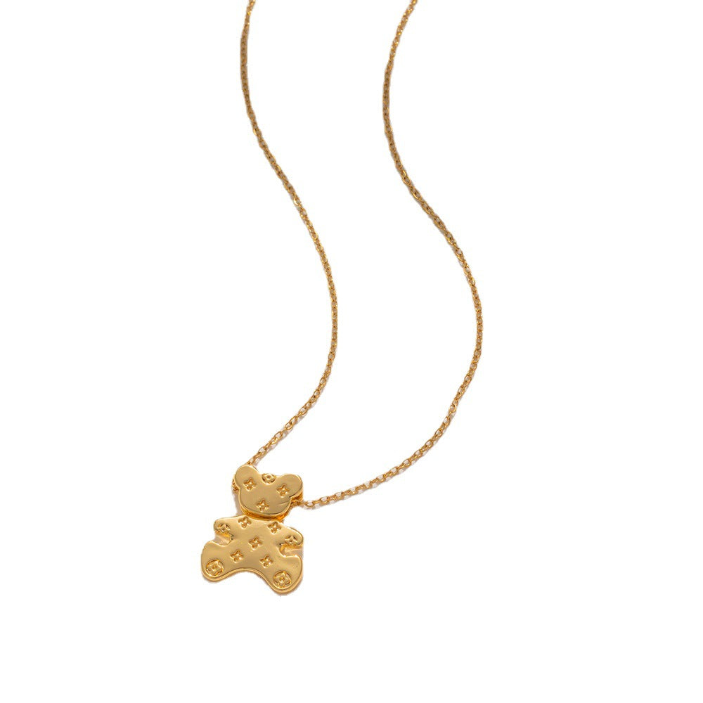 Graziosa collana con ciondolo a forma di orsetto animato da donna in acciaio al titanio con finitura placcata, design geometrico minimalista e catena per clavicola