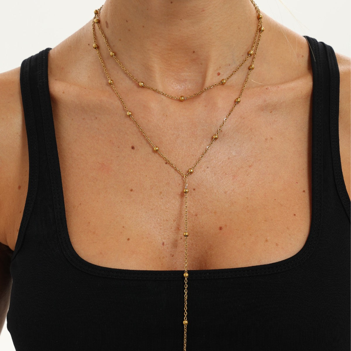 Minimalist 18K Gold Plated Stainless Steel Geometric Round Bead Tassel Y-Shape Necklace for Women