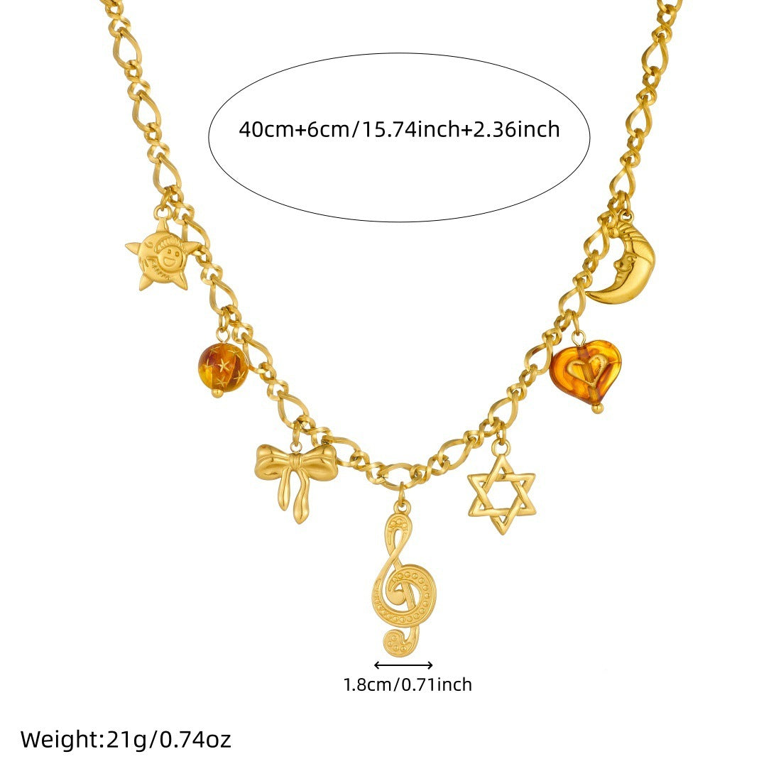 Vintage Gold Plated Stainless Steel Bow Star Moon Note Charm Bar Necklace for Women