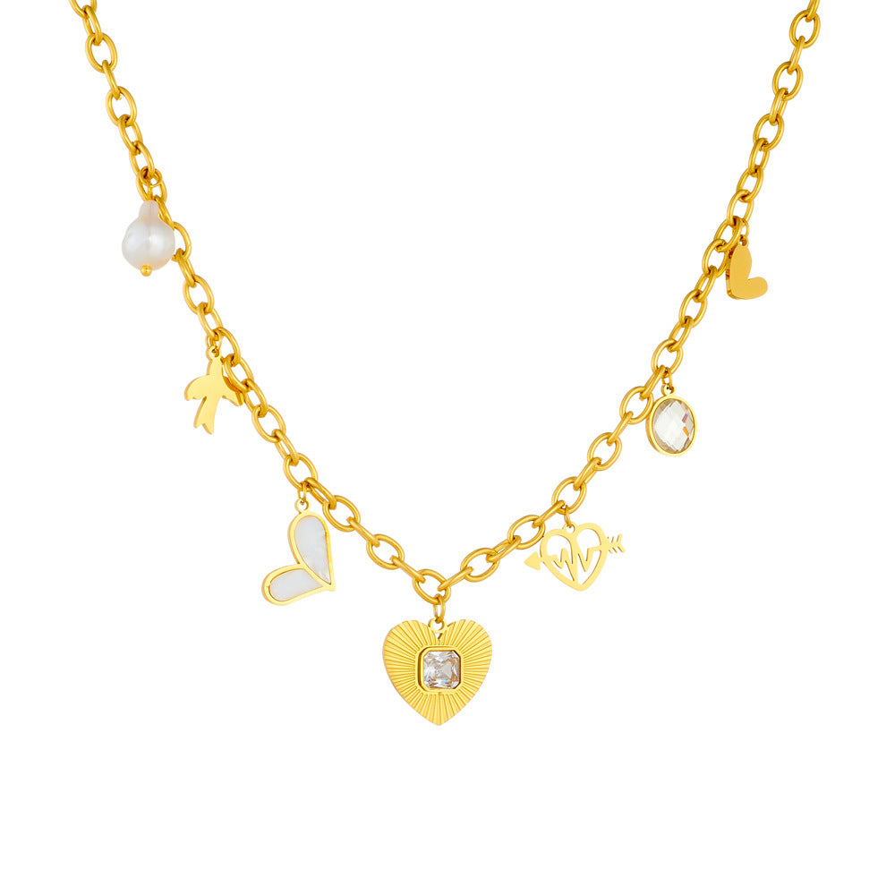 Elegant Heart Rhinestone Inlay Plated Stainless Steel Necklace with Cable Chain for Women