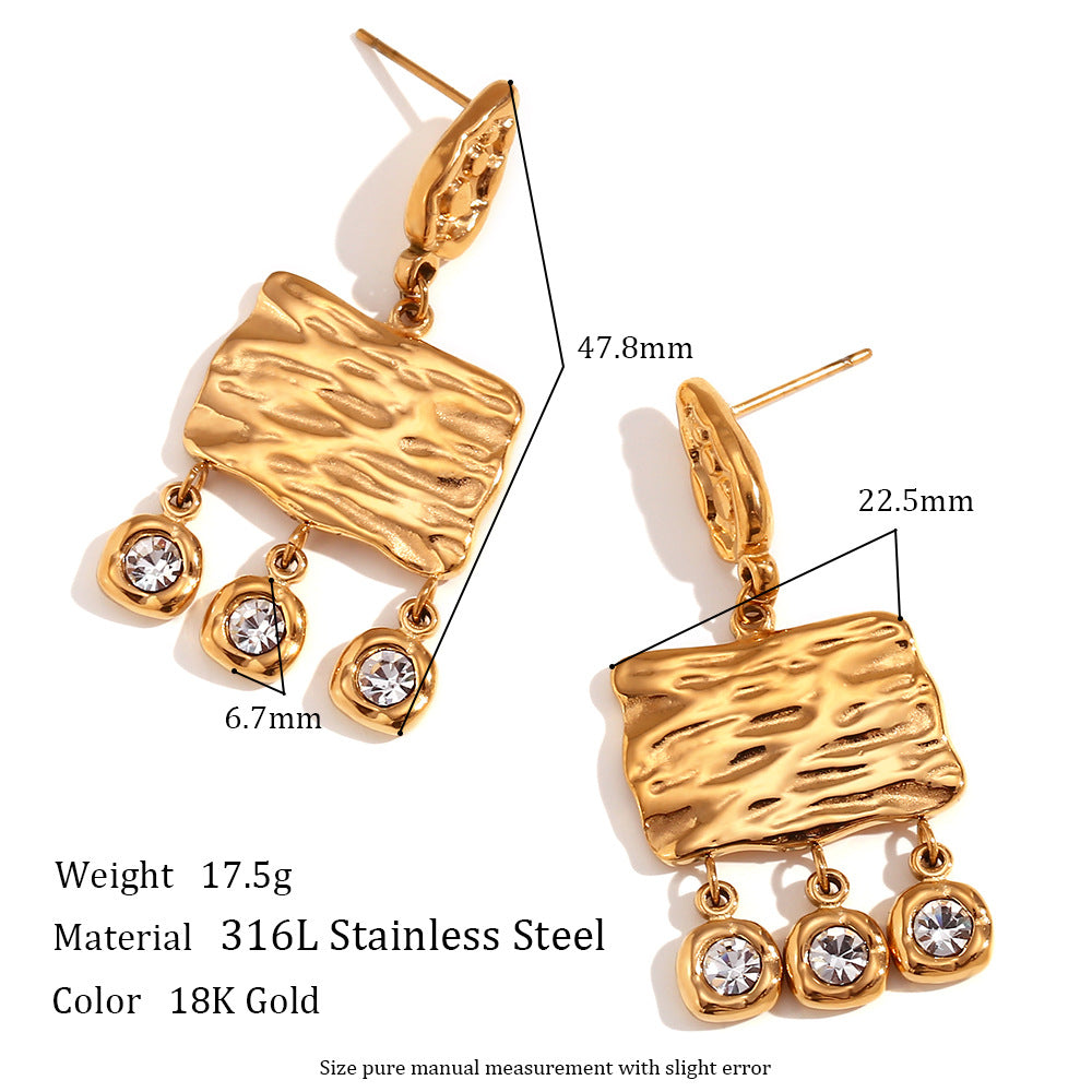 Bohemian Style Geometric Stainless Steel Earrings with 18K Gold Plating and Round Zircon Accents for Women