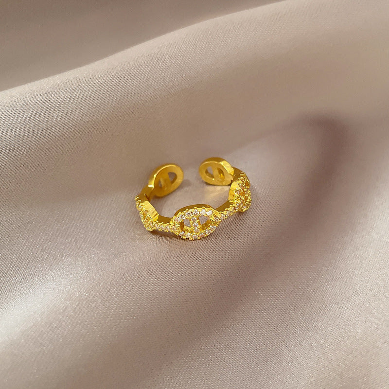 Pig Nose Open Ring for Women Brass Plated Rhinestone Cartoon Fresh and Sweet Finger Ring