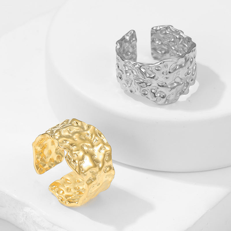 Minimalist Irregular Texture Titanium Steel Adjustable Open Ring for Finger with Plated Finish