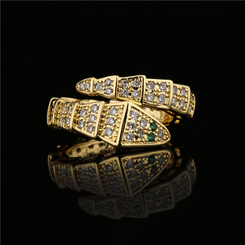 Vintage Geometric Bamboo Joint Snake Ring in Copper with 18K Gold Plating and Micro-Pave Zirconia for Women