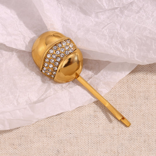 Minimalist Creative Eggshell-Shaped Hair Clip for Women Made of Stainless Steel with 18K Gold Plating and Rhinestone Inlay