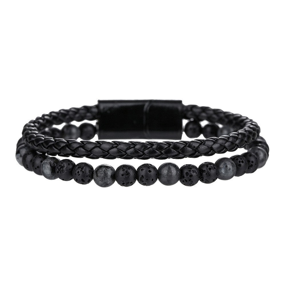 Hip-hop Punk Geometric Round Tiger's Eye Agate Hematite Leather Beaded Bracelet Set for Men