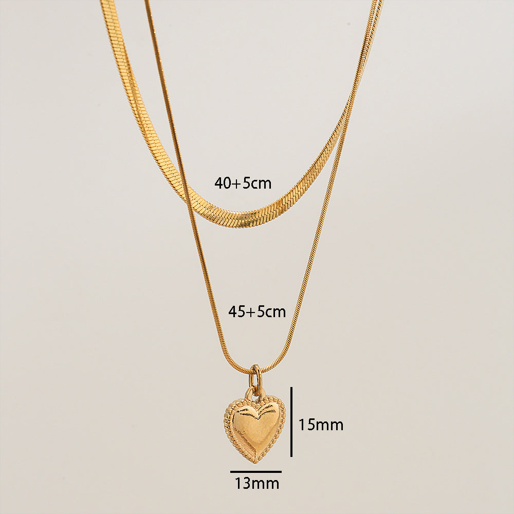 Minimalist Double Layer Heart Pendant 18K Gold Plated Titanium Steel Snake Chain Necklace for Women