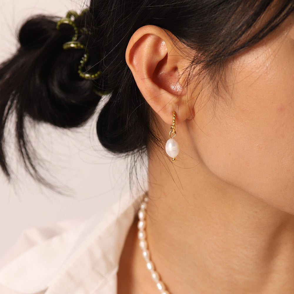 Geometric Stainless Steel Earrings with Freshwater Pearl Accents and 18K PVD Gold Plating for Women
