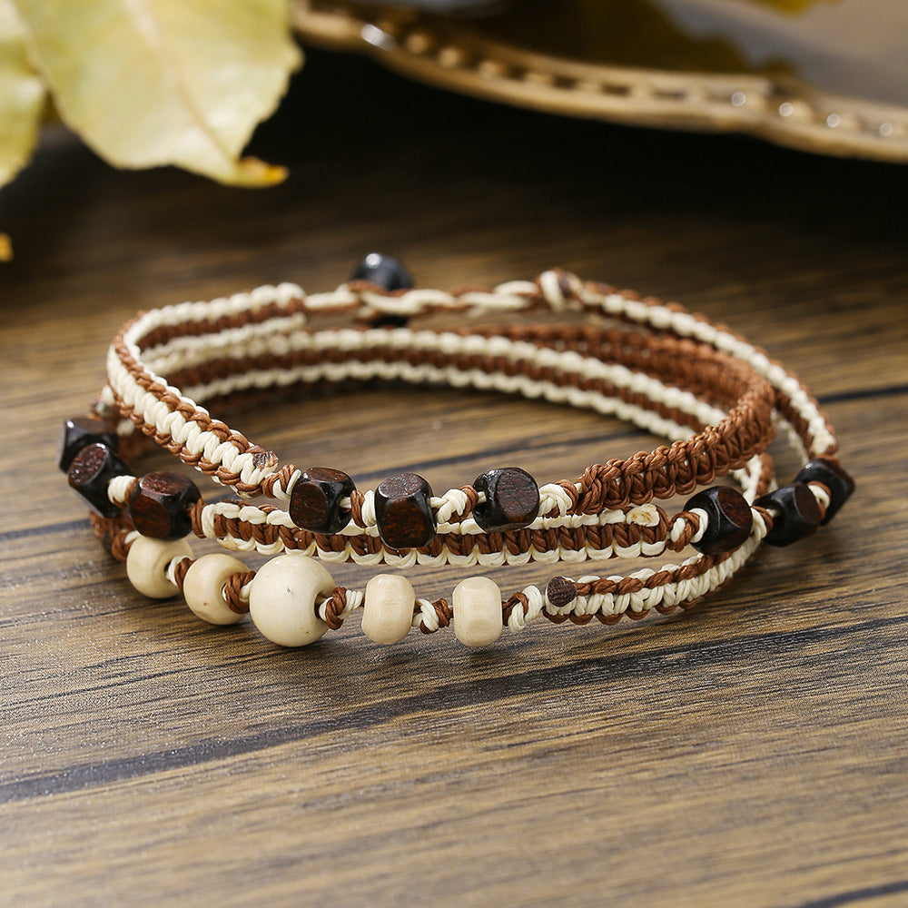 Bohemian Minimalist Multi-Layer Braided Wood Bead Bracelet