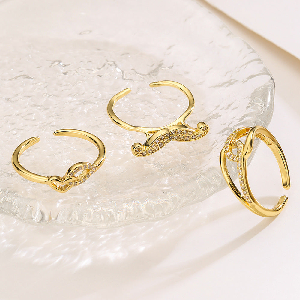Anello aperto geometrico minimalista da donna in rame con placcatura in oro 18 carati e intarsio di zirconi