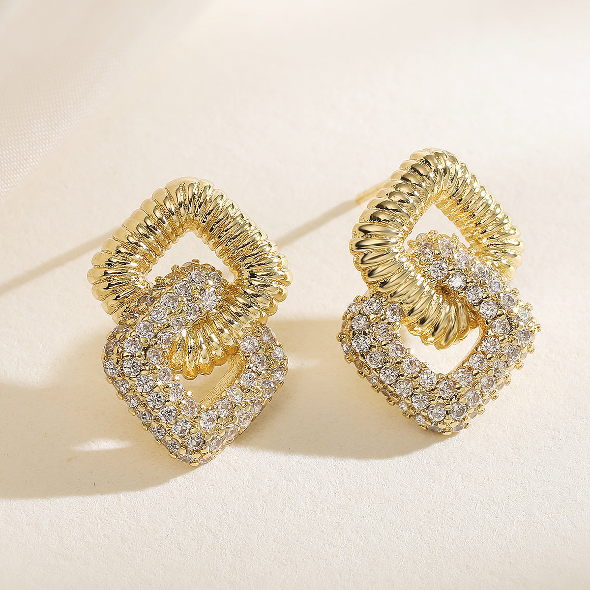 Minimalist Luxury Geometric Gold Plated Brass Stud Earrings with Cubic Zirconia for Women