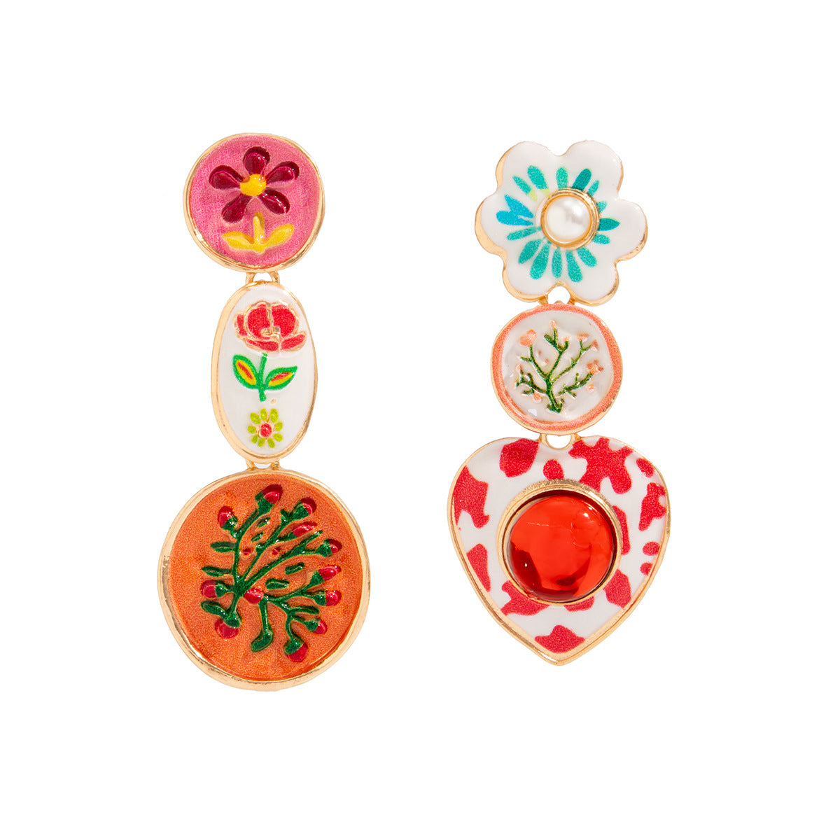 Sweet Floral Drip Oil Plated Zinc Alloy Heart Moon Geometric Earrings for Women
