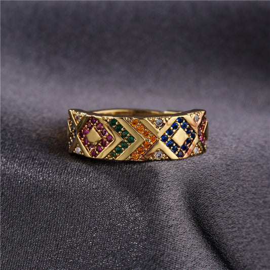 Minimalist Geometric Shape Copper Ring with Gold Plating and Micro-Pave Colored Zirconia for Women