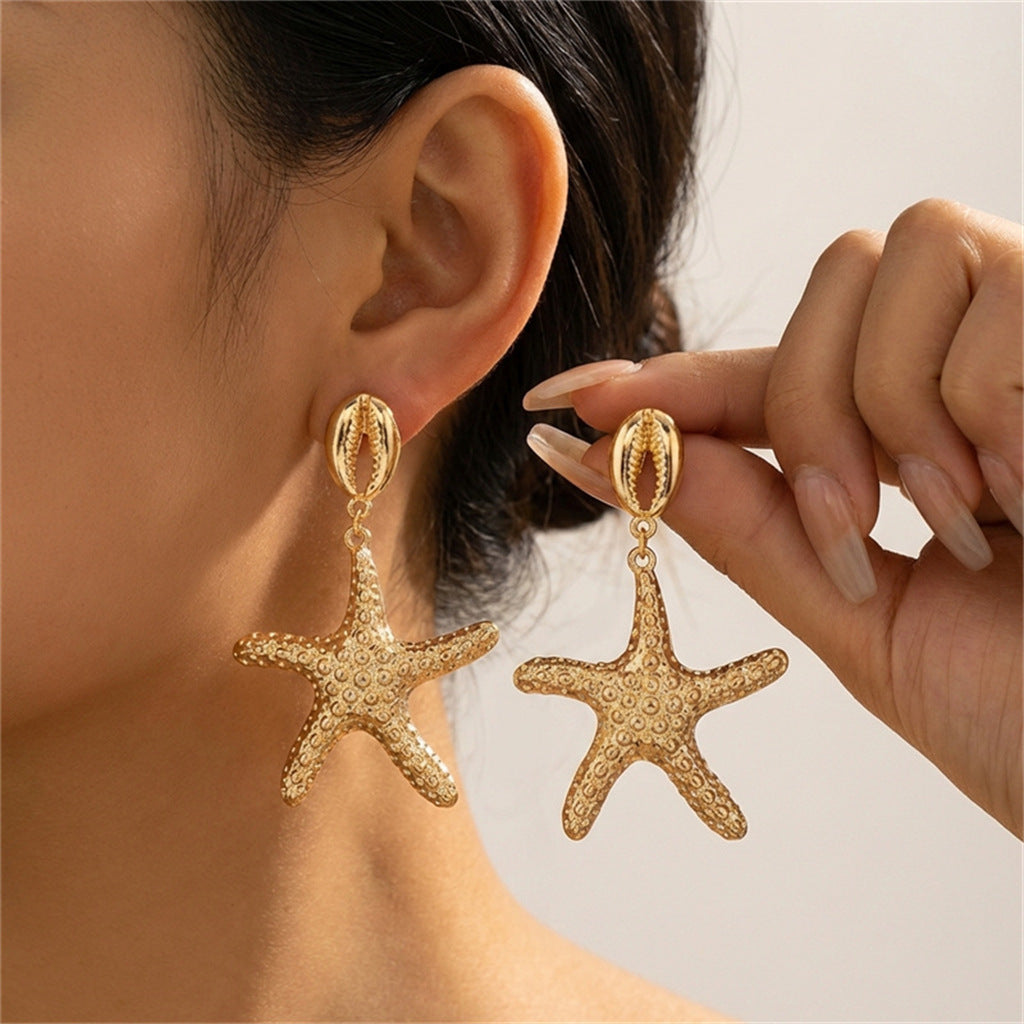 Vintage Geometric Starfish Shell Conch Pattern Plated Alloy Earrings for Women