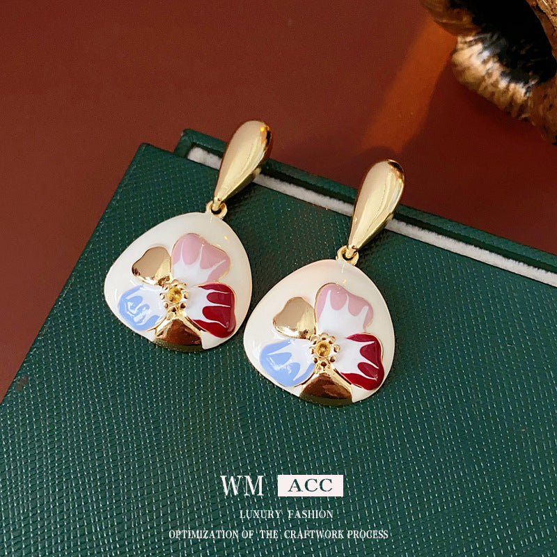 Vintage Floral Geometric Alloy Earrings with Enamel Finish and Steel Posts for Women